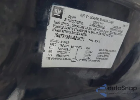 2009 Chevrolet Tahoe Lt2 из США, поврежденный, VIN 1GNFK23049R246271